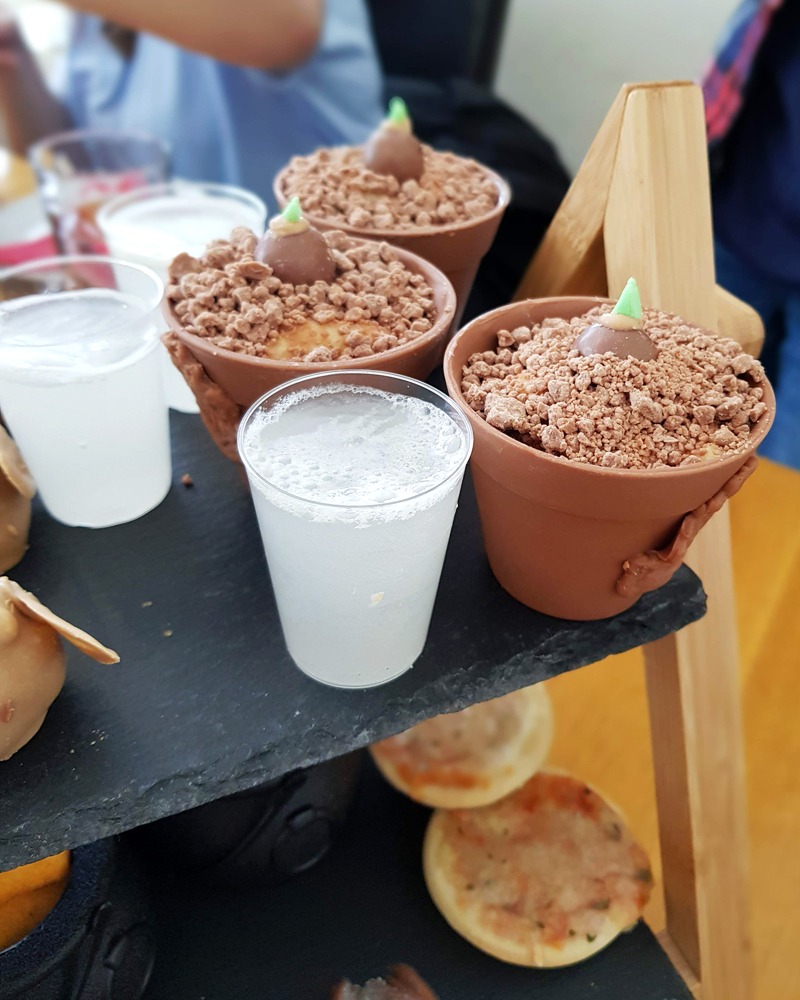Three shot glasses full of fizzy liquid (butterbeer) are stood next to three flowerpots made out of chocolate. On the side of the flowerpots is the Hogwarts school logo, which is also made out of chocolate. There's even crumbled up chocolate flakes on top of the flowerpots which look like soil!
