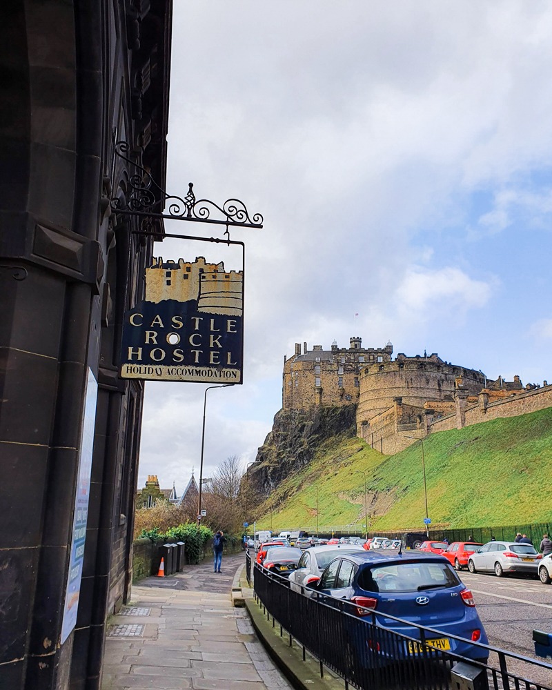 The view of Edinburgh Castle from the entrance to the Castle Rock Hostel